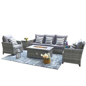 5-Pieces Gray Rattan Patio Sofa Set with Fire Pit Table and Beige Cushions