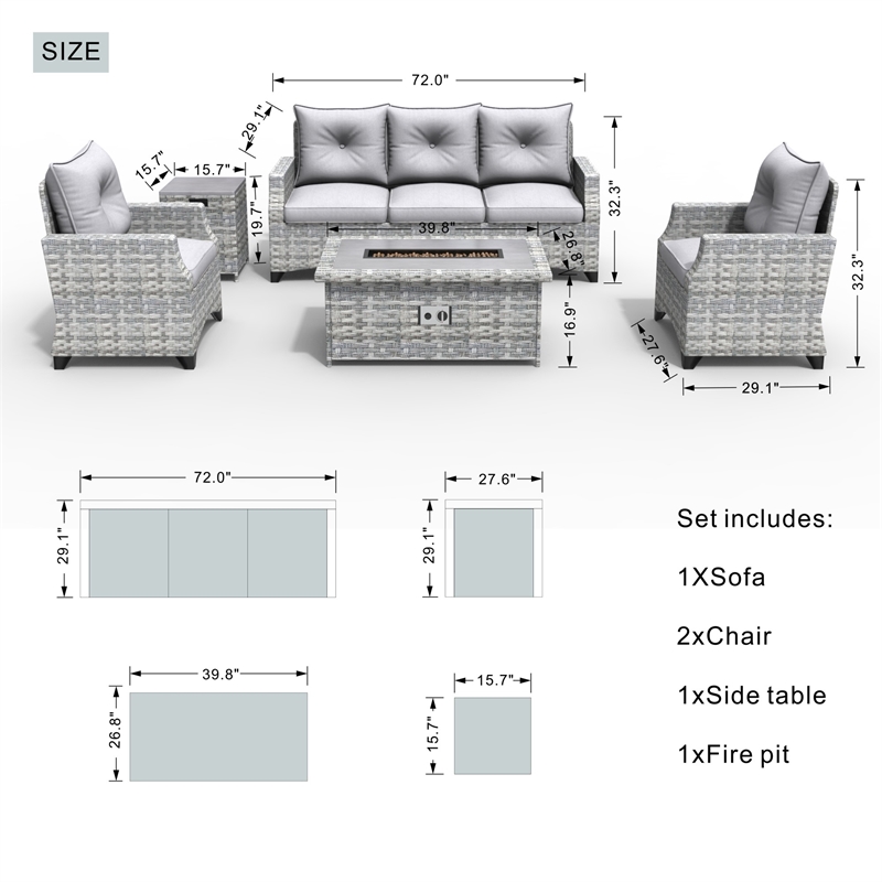 5-Pieces Gray Rattan Patio Sofa Set with Fire Pit Table and Beige Cushions