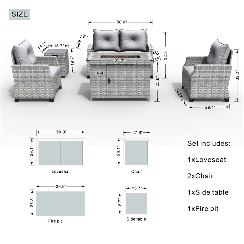 5-Pieces Outdoor Contemporary Gray Rattan Sofa Set with Gray Cushions