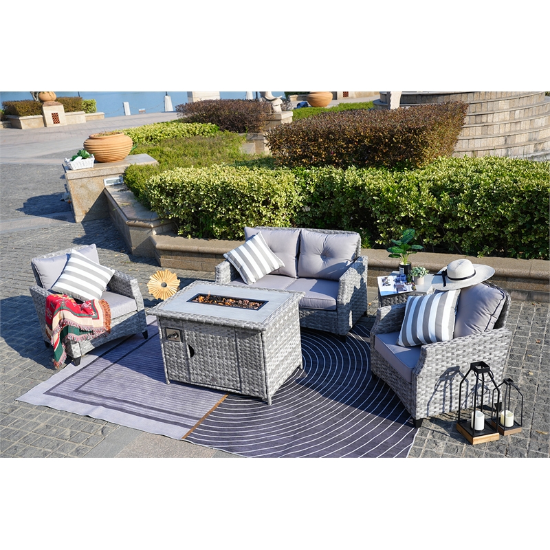 5-Pieces Outdoor Contemporary Gray Rattan Sofa Set with Gray Cushions