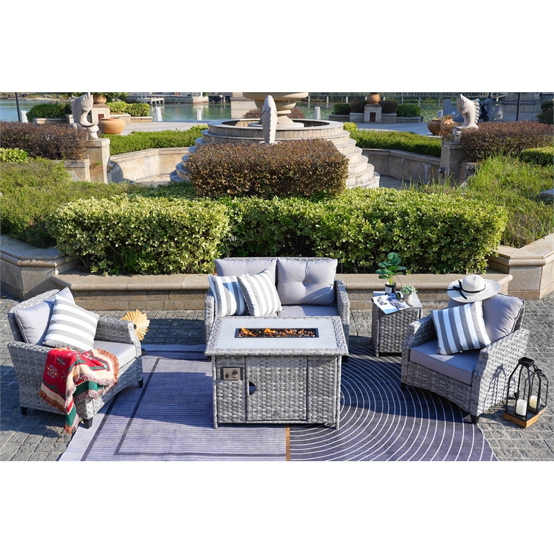 5-Pieces Outdoor Contemporary Gray Rattan Sofa Set with Gray Cushions