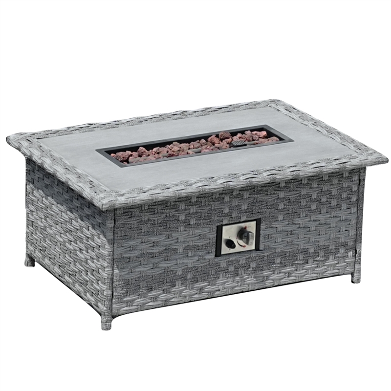 5-Pieces Gray Rattan Patio Sofa Set with Fire Pit Table and Cushions