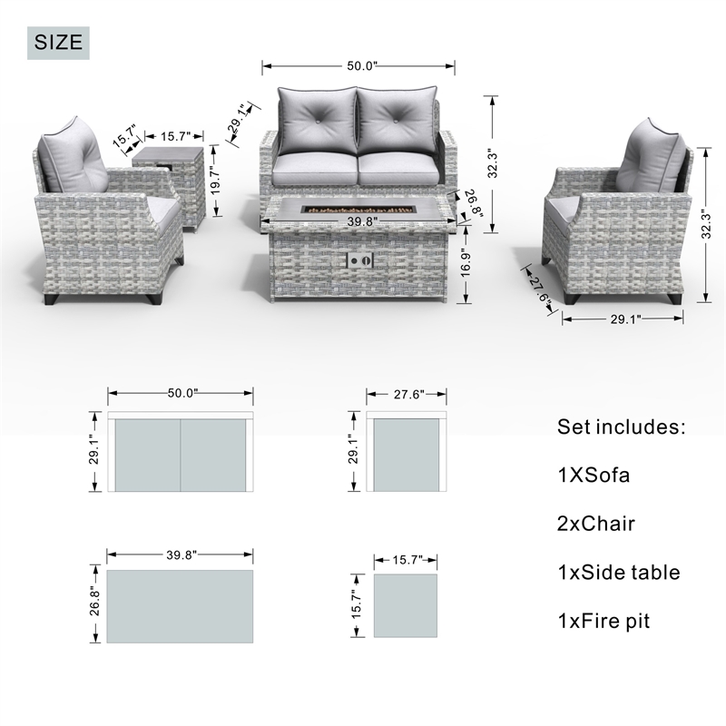 5-Pieces Gray Rattan Patio Sofa Set with Fire Pit Table and Cushions