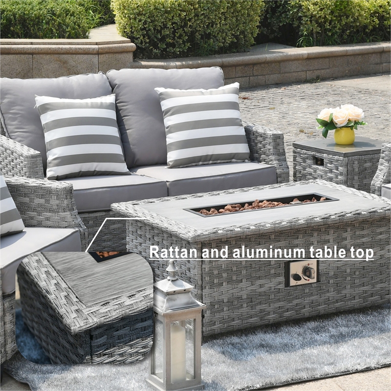 5-Pieces Gray Rattan Patio Sofa Set with Fire Pit Table and Cushions