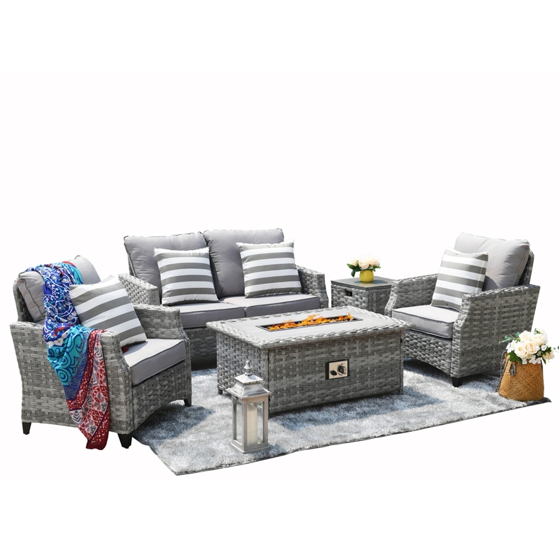 5-Pieces Gray Rattan Patio Sofa Set with Fire Pit Table and Cushions