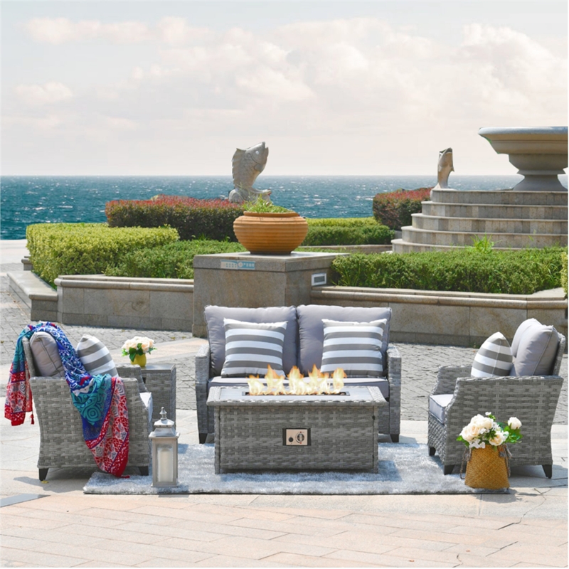 5-Pieces Gray Rattan Patio Sofa Set with Fire Pit Table and Cushions