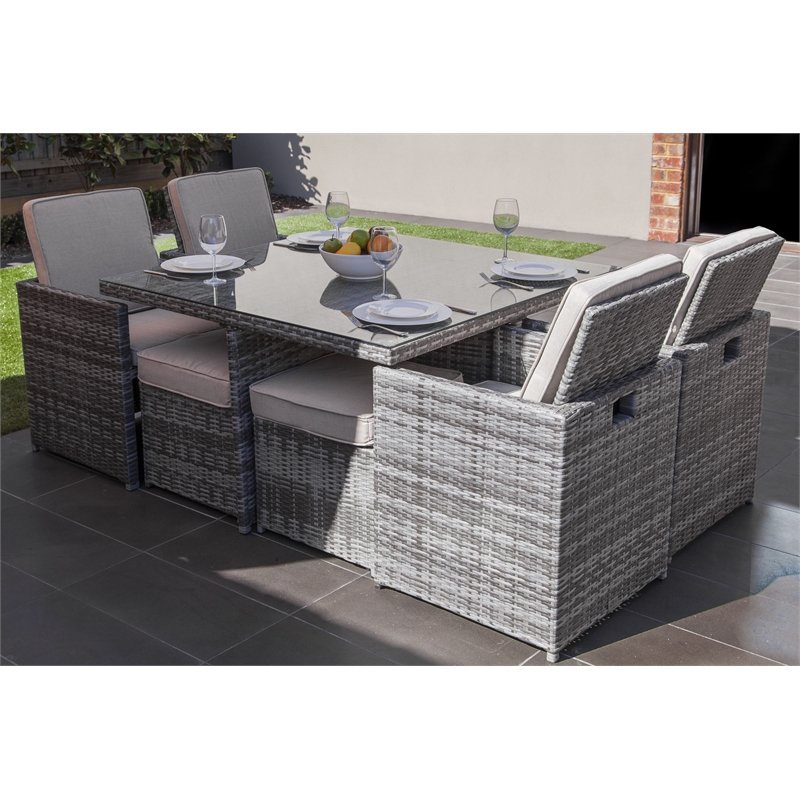 Square 8-Person Brown Aluminum Outdoor Dining Set with 4 Chairs And 2 Ottomans