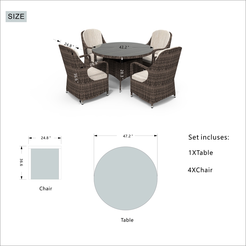 Patio 5-Pieces Brown Rattan and Aluminum Outdoor Dining Set with 4 Chairs