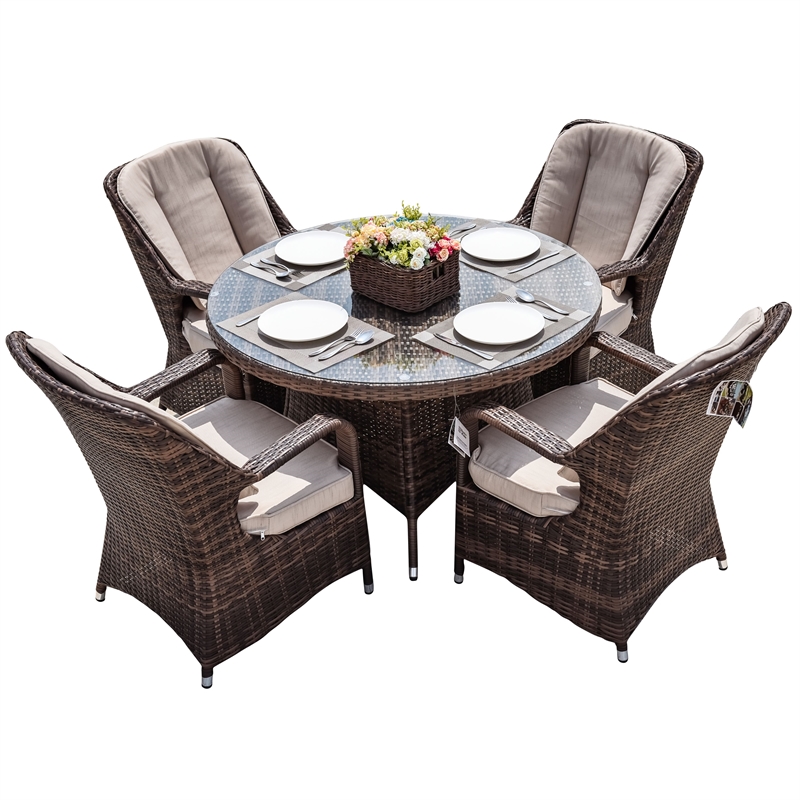 Patio 5-Pieces Brown Rattan and Aluminum Outdoor Dining Set with 4 Chairs