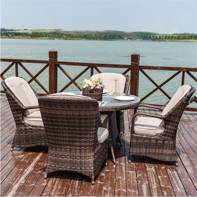 Patio 5-Pieces Brown Rattan and Aluminum Outdoor Dining Set with 4 Chairs