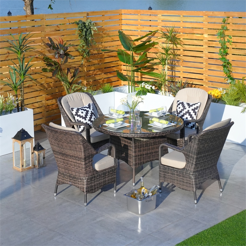 Patio 5-Pieces Brown Rattan and Aluminum Outdoor Dining Set with 4 Chairs