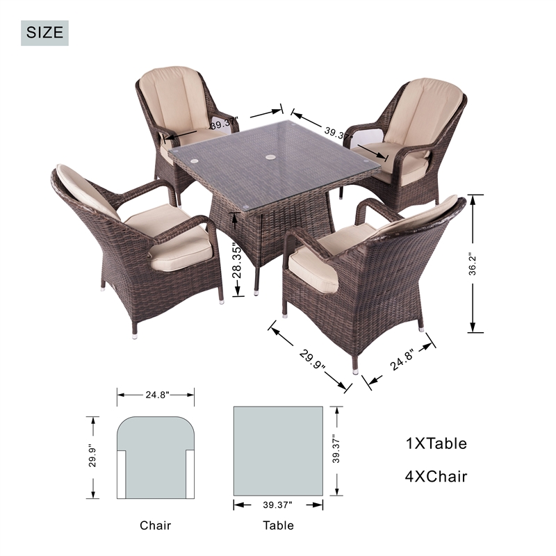Patio 5-Pieces Brown Aluminum Outdoor Wicker Square Dining Table Set