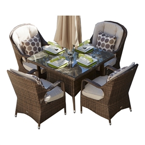 Patio 5-Pieces Brown Aluminum Outdoor Wicker Square Dining Table Set