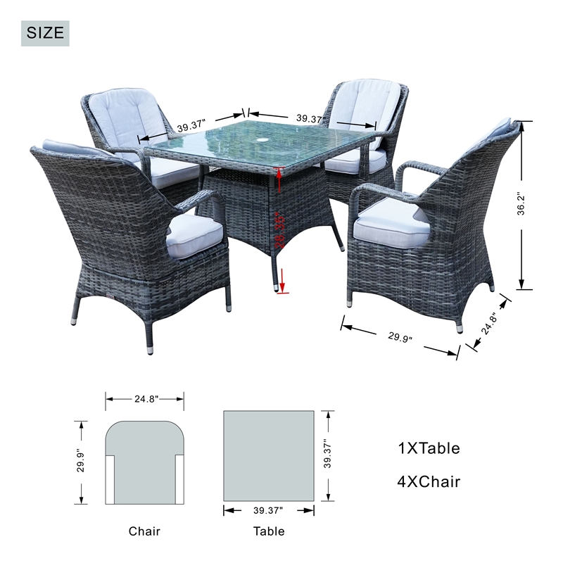5-Piece Gray Aluminum Outdoor Wicker Square Dining Table Set