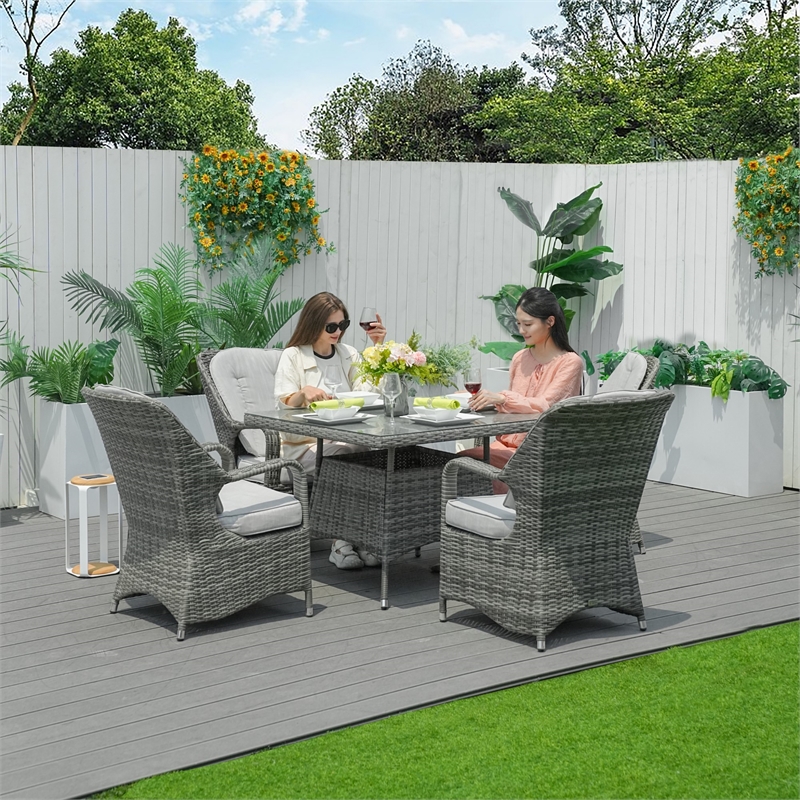 5-Piece Gray Aluminum Outdoor Wicker Square Dining Table Set