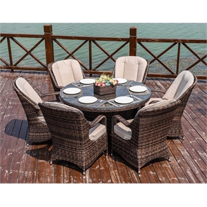 Round 6-Person Brown Aluminum Outdoor Dining Set With Cushions