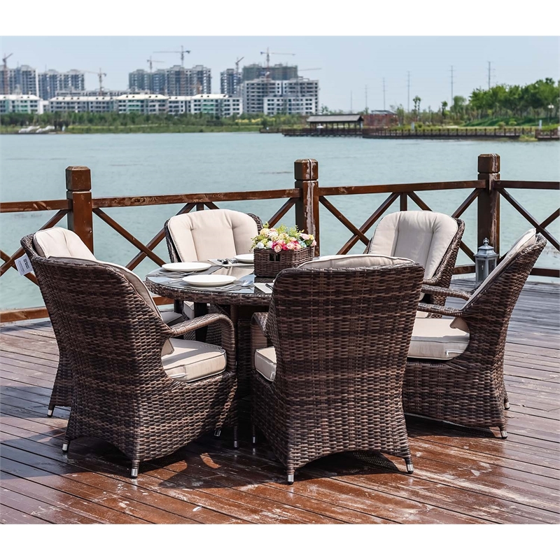 Round 6-Person Brown Aluminum Outdoor Dining Set With Cushions