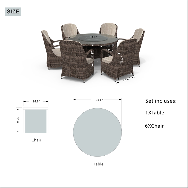Round 6-Person Brown Aluminum Outdoor Dining Set With Cushions