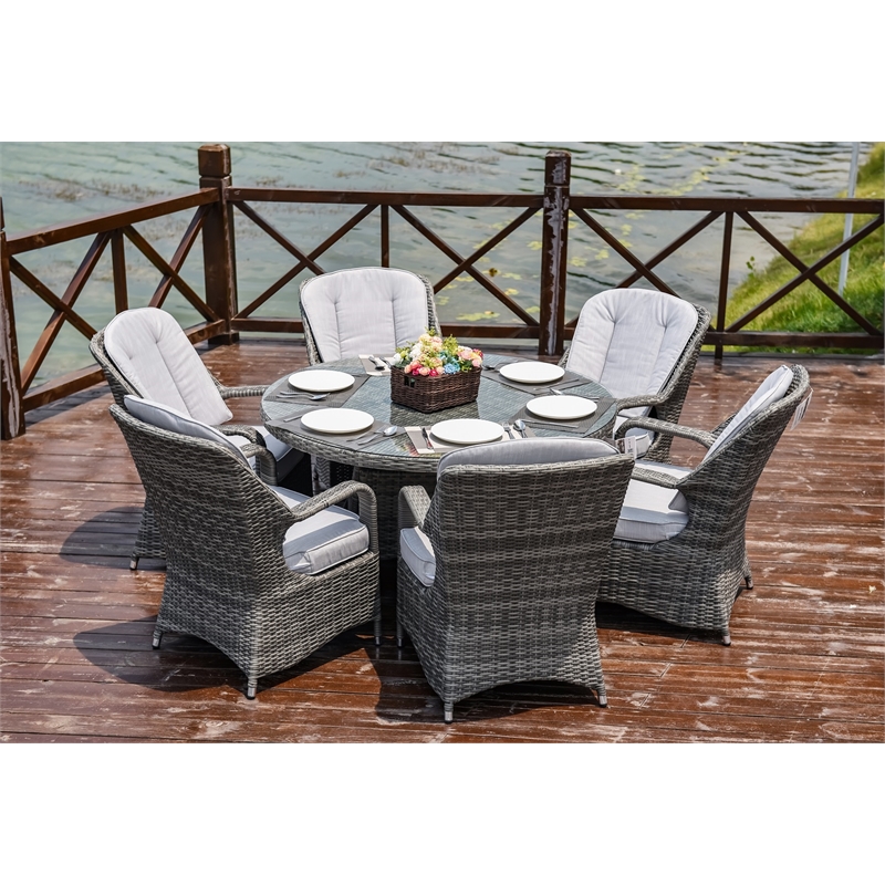Round 6-Person Gray Aluminum Outdoor Dining Set With Cushions