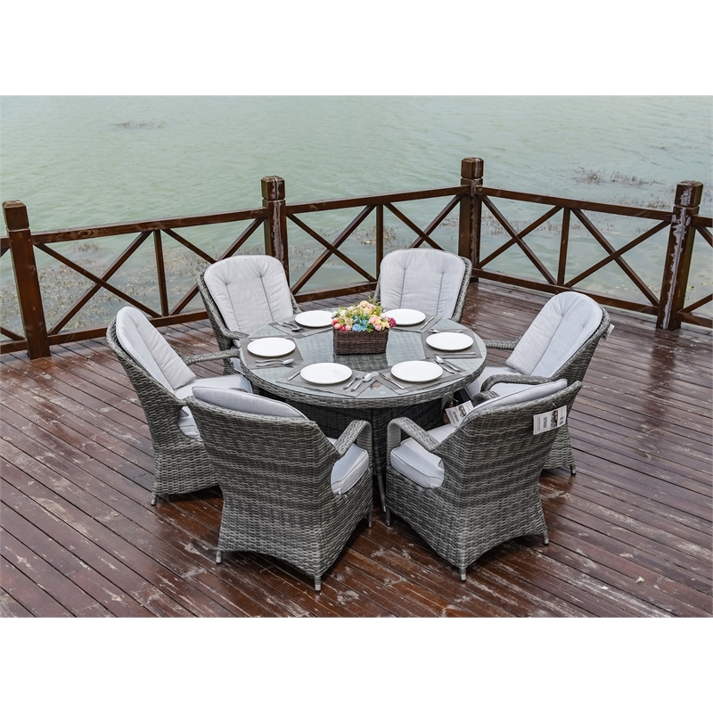 Round 6-Person Gray Aluminum Outdoor Dining Set With Cushions