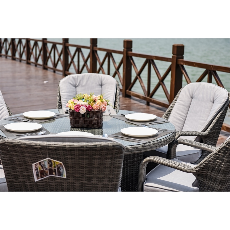 Round 6-Person Gray Aluminum Outdoor Dining Set With Cushions