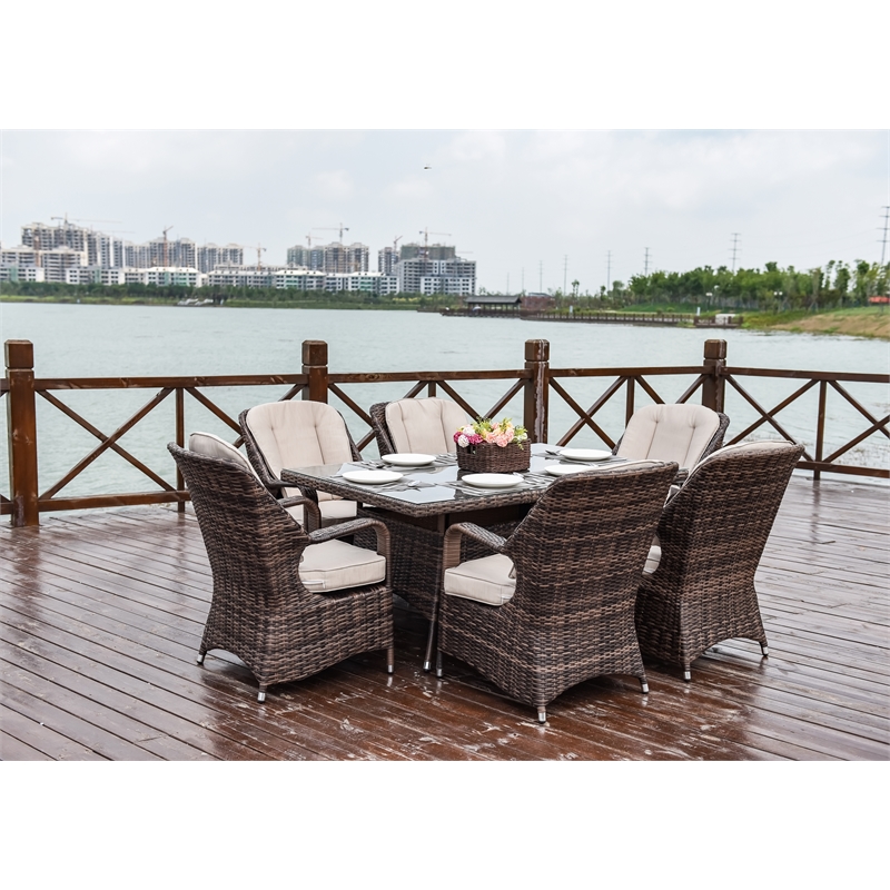 Brown Aluminum Rectangular 6-Person Outdoor Dining Set with Six Chairs