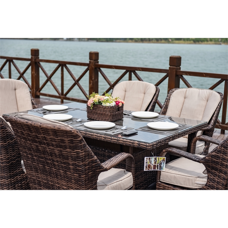 Brown Aluminum Rectangular 6-Person Outdoor Dining Set with Six Chairs