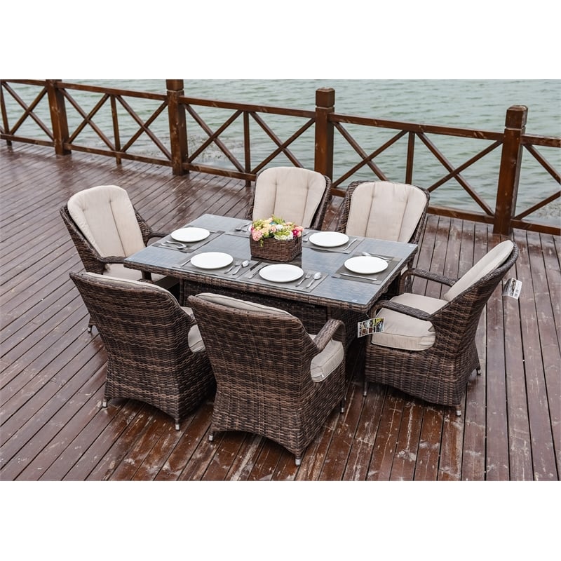 Brown Aluminum Rectangular 6-Person Outdoor Dining Set with Six Chairs