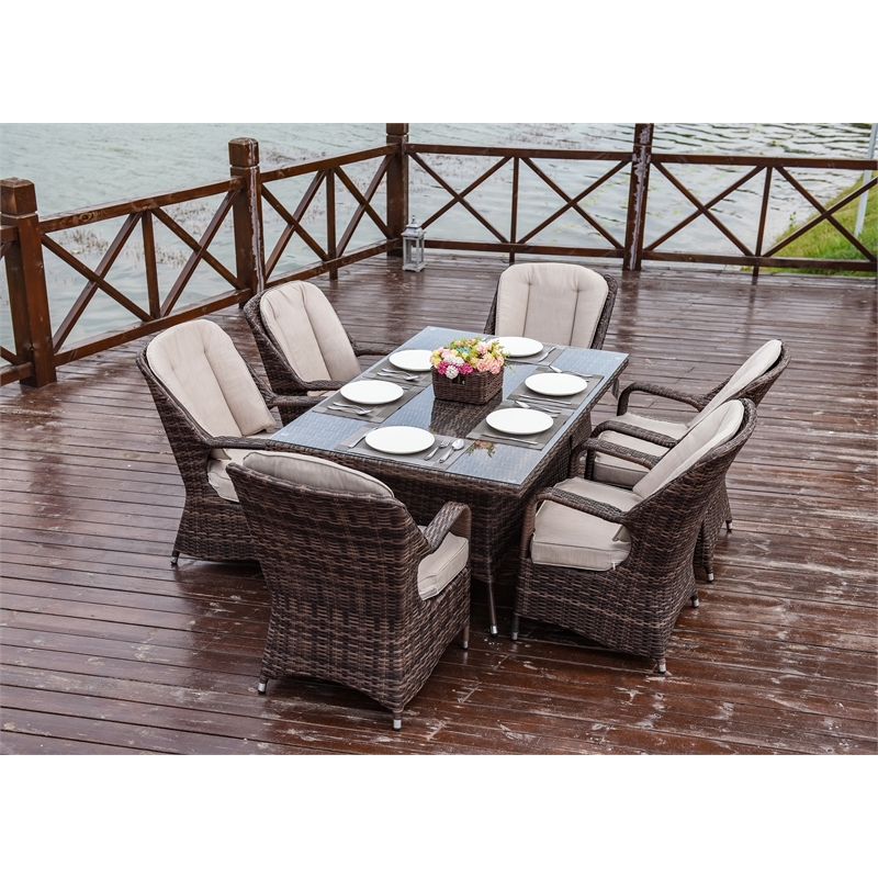 Brown Aluminum Rectangular 6-Person Outdoor Dining Set with Six Chairs