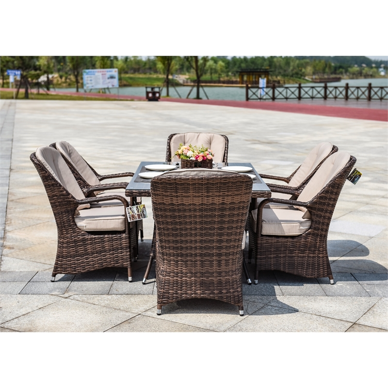 Brown Aluminum Rectangular 6-Person Outdoor Dining Set with Six Chairs