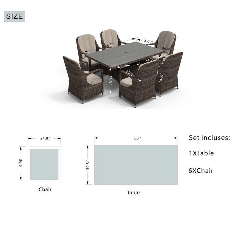 Brown Aluminum Rectangular 6-Person Outdoor Dining Set with Six Chairs