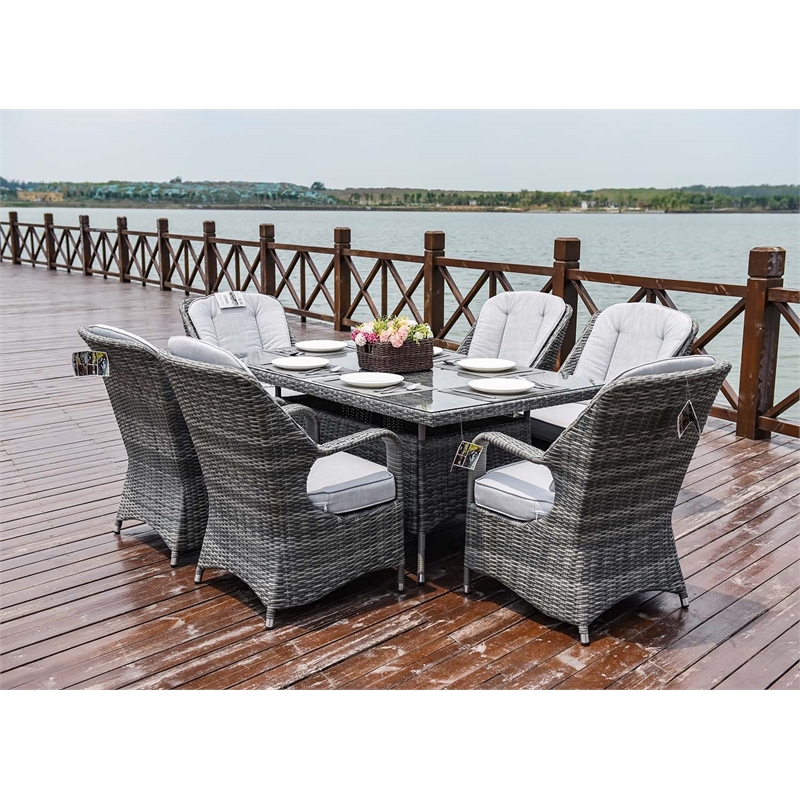 Gray Aluminum Rectangular 6-Person Outdoor Dining Set with Six Chairs