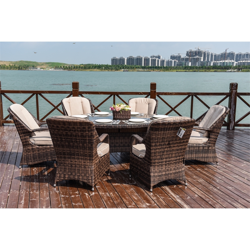 Oval Brown Aluminum 6 - Person Outdoor Dining Set With Cushions