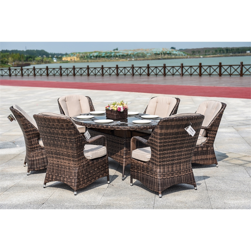 Oval Brown Aluminum 6 - Person Outdoor Dining Set With Cushions