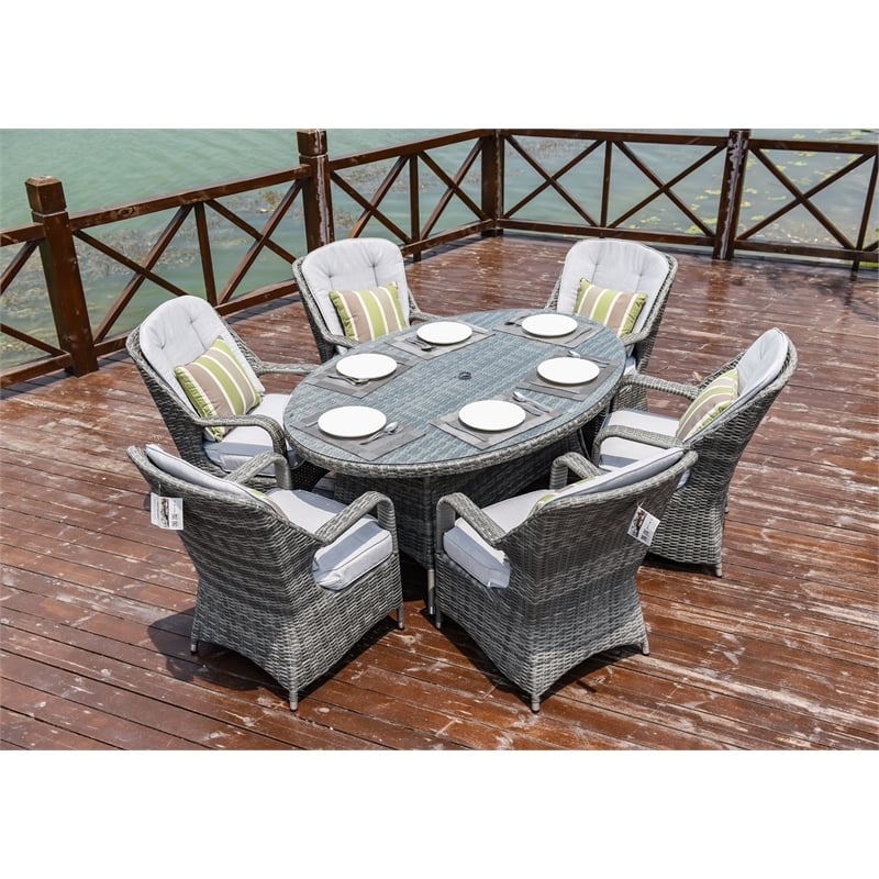 Oval Gray Aluminum 6 - Person Outdoor Dining Set With Cushions