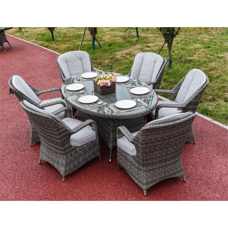Oval Gray Aluminum 6 - Person Outdoor Dining Set With Cushions