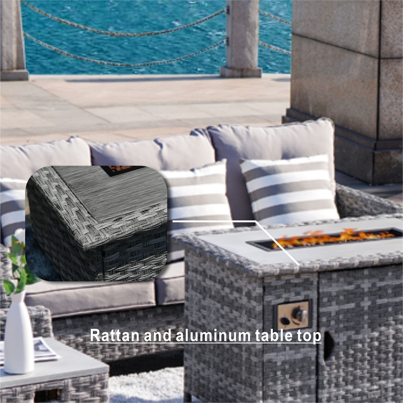Aluminum 7-Person Gray Seating Group with Fire Pit and Cushions