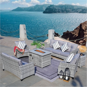 Aluminum 7-Person Gray Seating Group with Fire Pit and Cushions