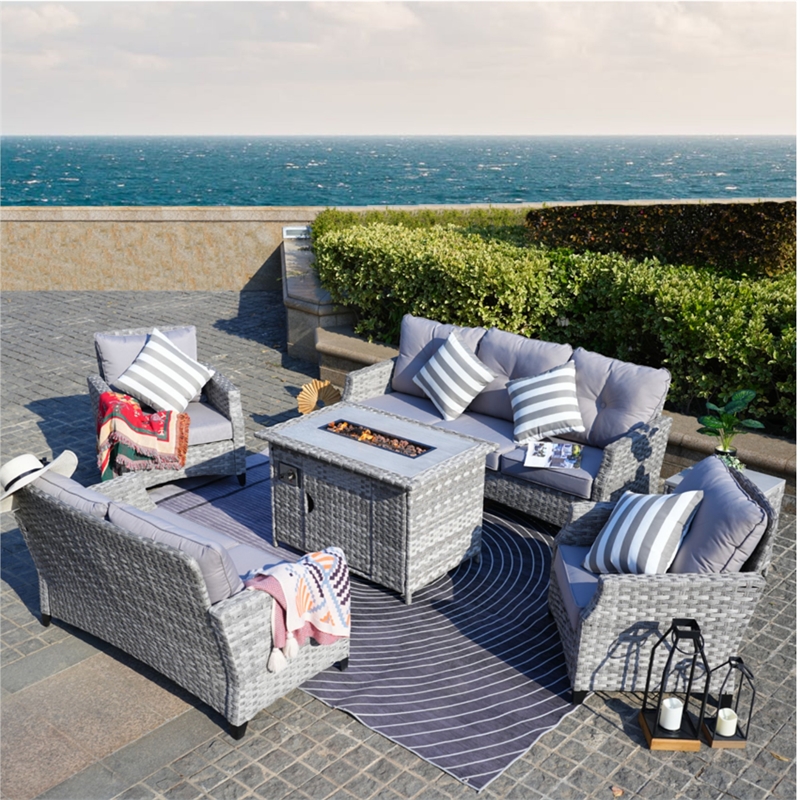 Aluminum 7-Person Gray Seating Group with Fire Pit and Cushions