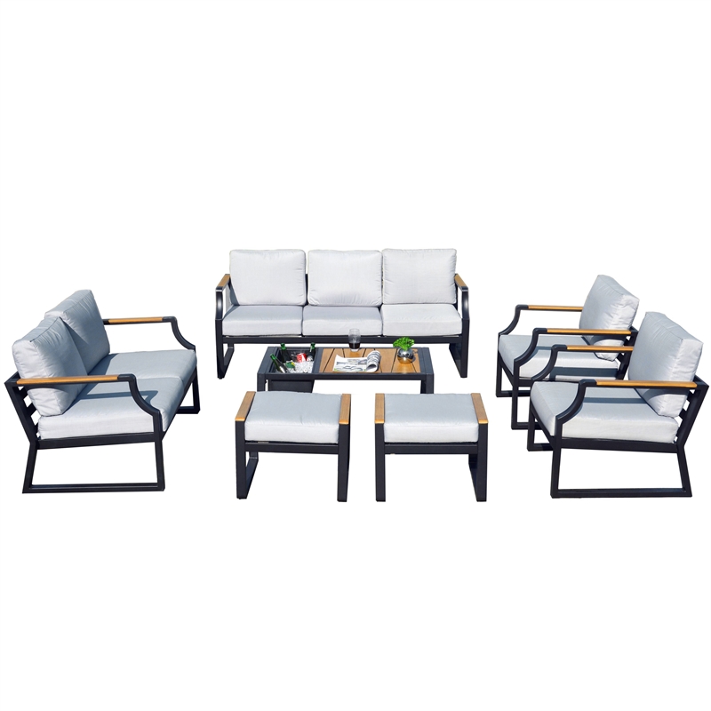 Direct Wicker 7 Piece Iron Outdoor Conversation Sets in Black with Cushions