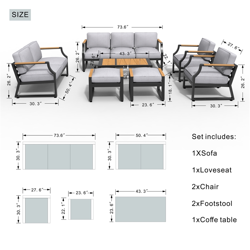 Direct Wicker 7 Piece Iron Outdoor Conversation Sets in Black with Cushions