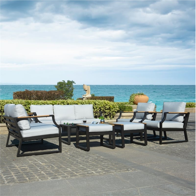 Direct Wicker Modern Loveseat Sofa Wrought Metal & Fabric with Cushions in Black