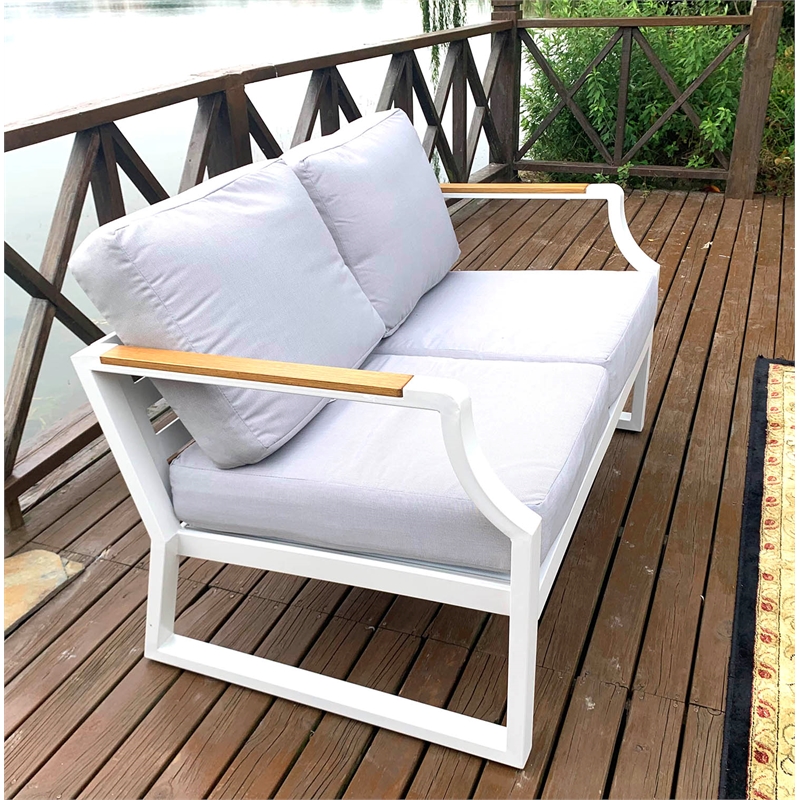 Direct Wicker Modern Loveseat Sofa Wrought Metal & Fabric with Cushions in White