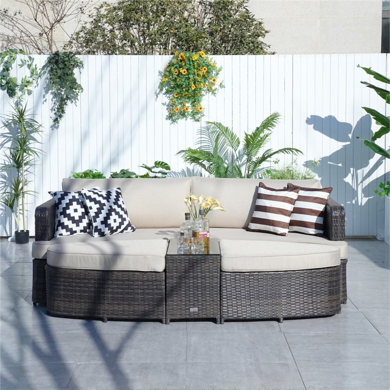 Patio Brown Rattan Patio Bed Outdoor Patio Lounger Wicker Daybed
