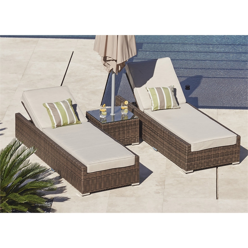 Patio Brown Rattan Outdoor Chaise Lounge Set with Table (Set of 2)
