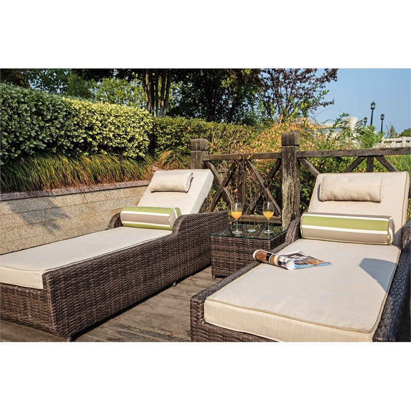 Patio Brown Rattan Outdoor Chaise Lounge Set with Table (Set of 2)