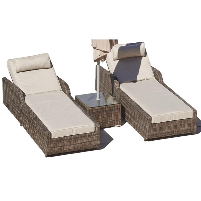 Patio Brown Rattan Outdoor Chaise Lounge Set with Table (Set of 2)