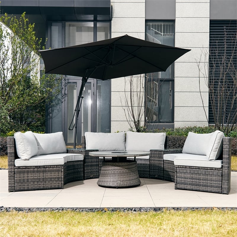 Grey 9-Piece Rattan Patio Sectional Sofa Set with Cushions and Coffee Table