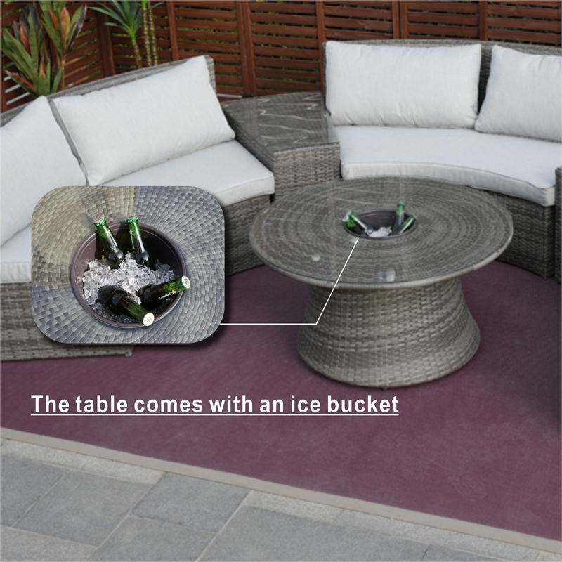 Grey 9-Piece Rattan Patio Sectional Sofa Set with Cushions and Coffee Table