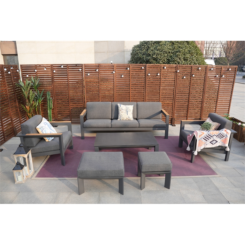 Gray Aluminum 5-Person Outdoor Seating Group with Cushions and Ottomans